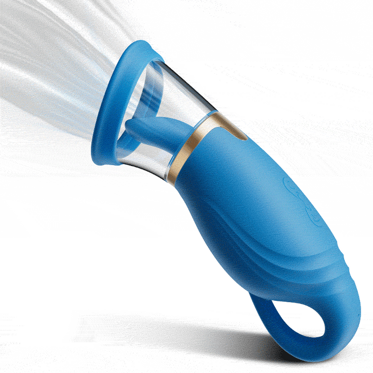 Blue Sierra handheld stimulator with a clear flared cup, shown at an angle.